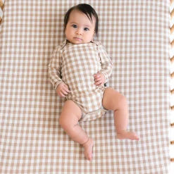 New Kyte Baby Long Sleeve Bodysuit in Gingham Bisque