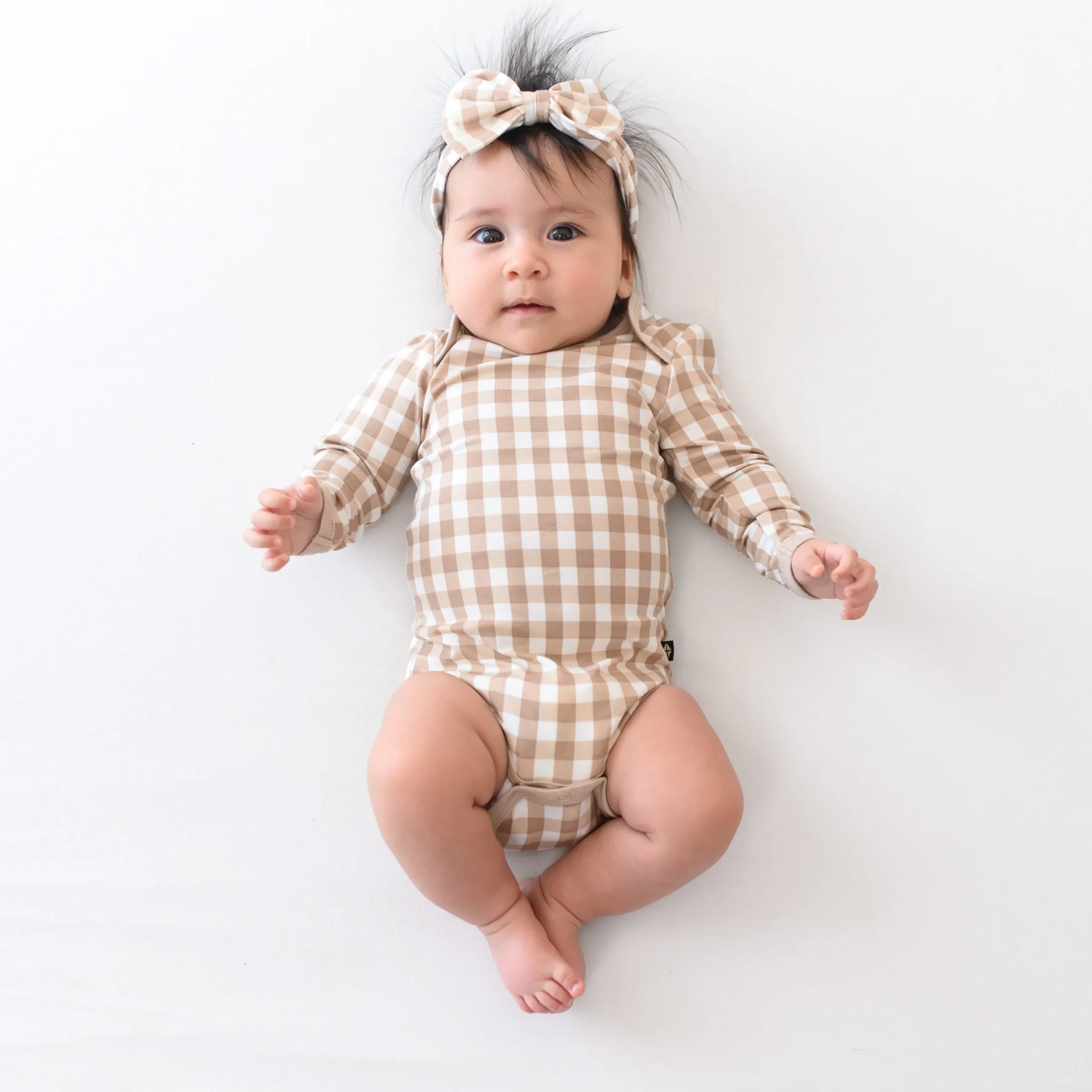 New Kyte Baby Long Sleeve Bodysuit in Gingham Bisque