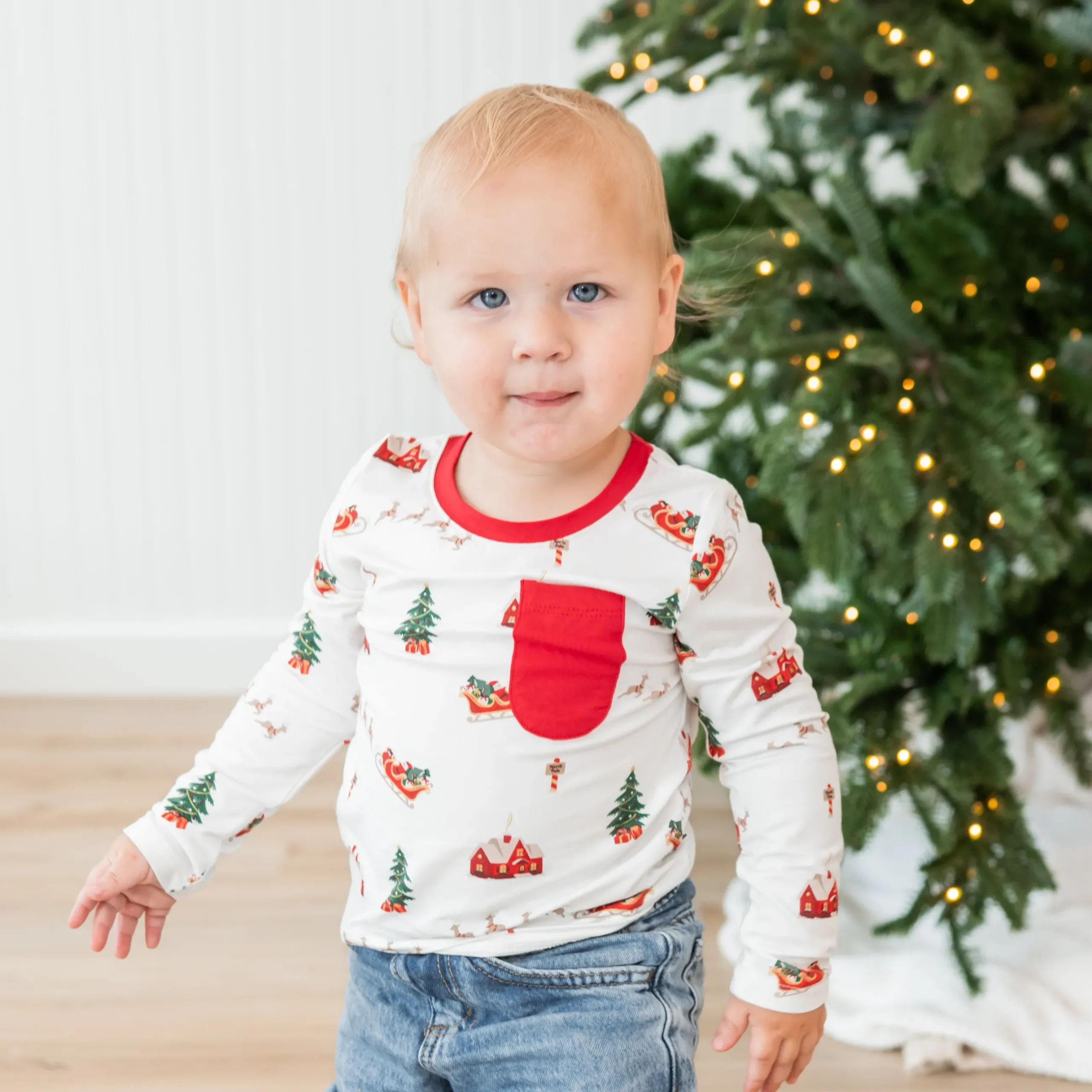 Discount Kyte Baby Long Sleeve Toddler Crew Neck Tee in Santa Sleigh