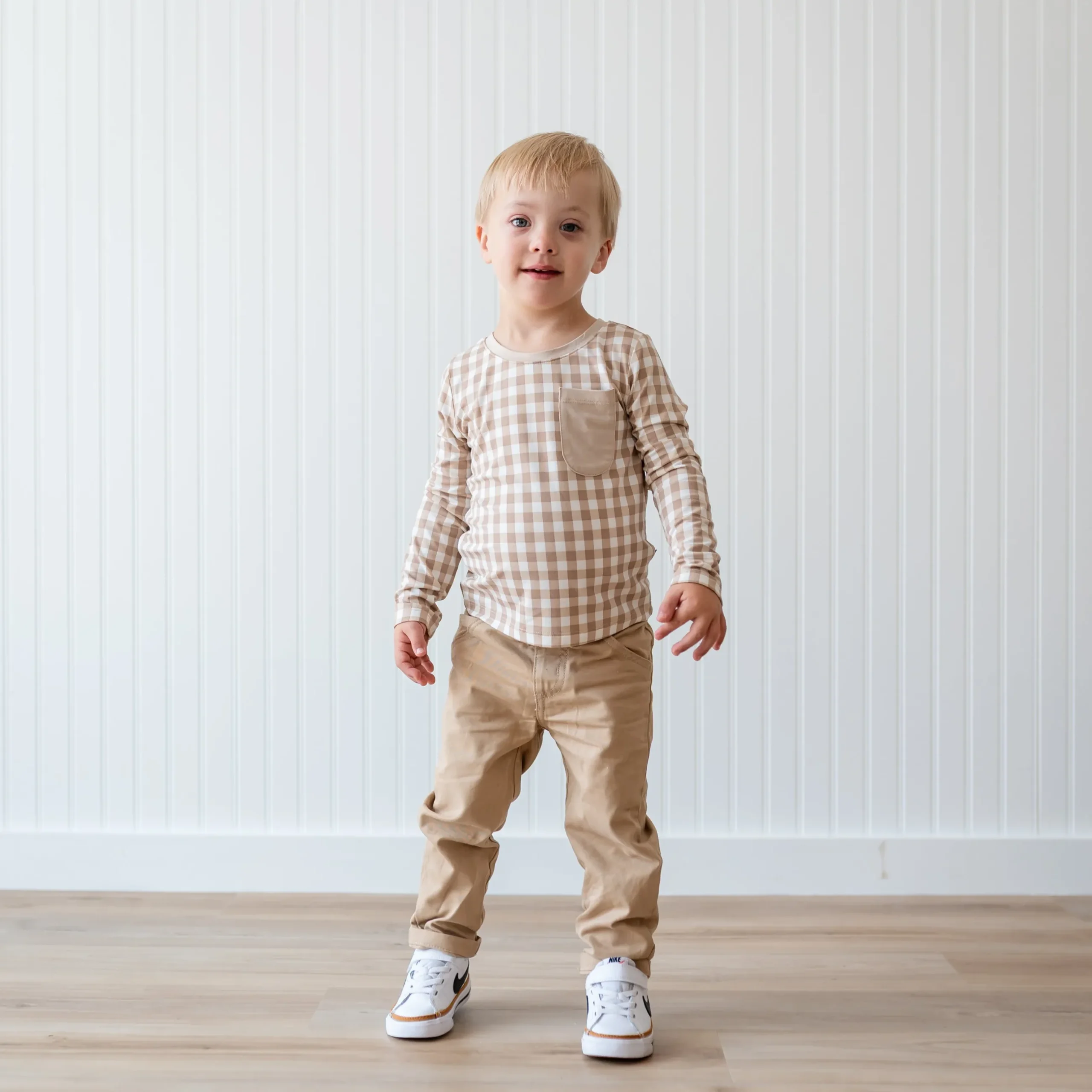 Best Kyte Baby Long Sleeve Toddler Crew Neck Tee in Gingham Bisque