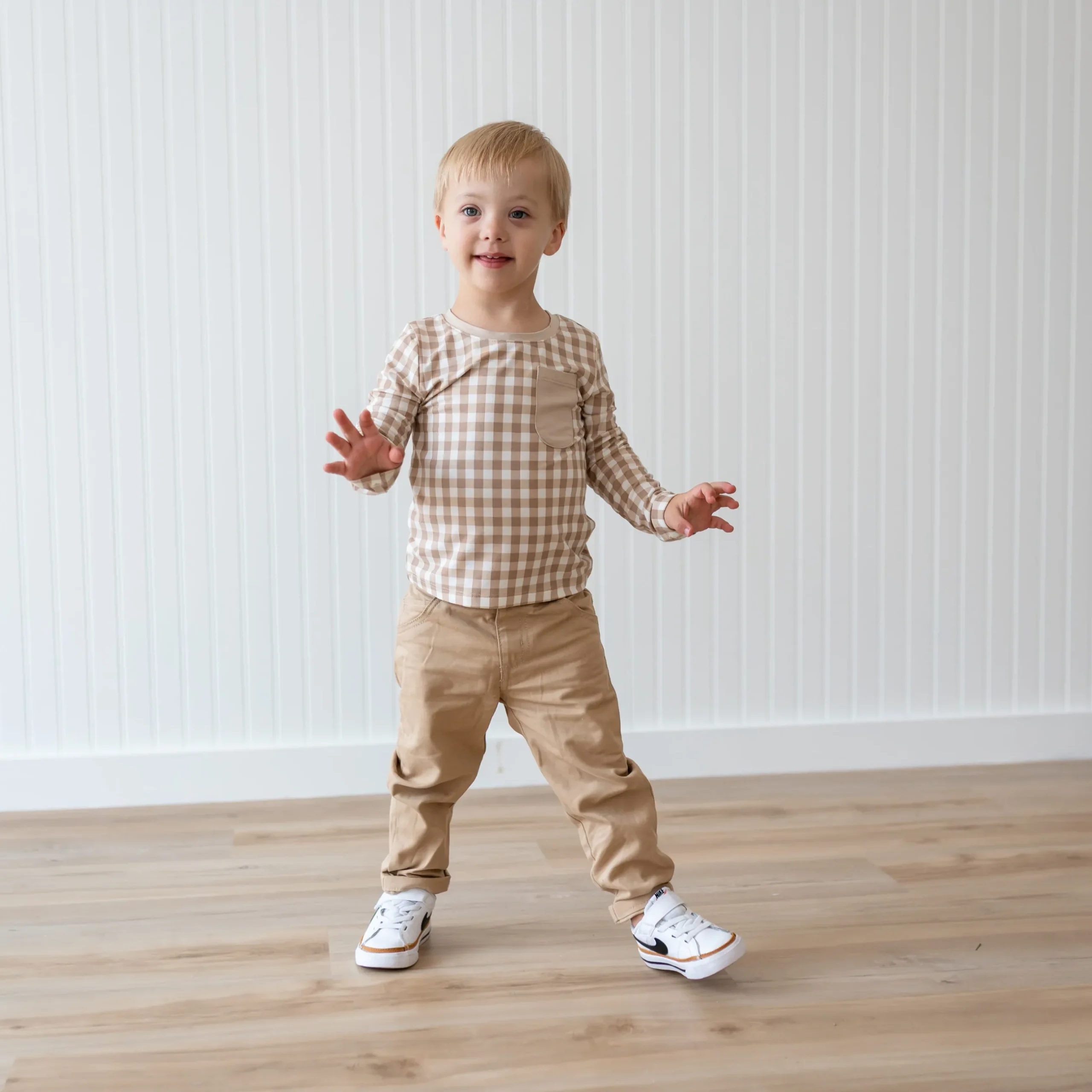 Best Kyte Baby Long Sleeve Toddler Crew Neck Tee in Gingham Bisque