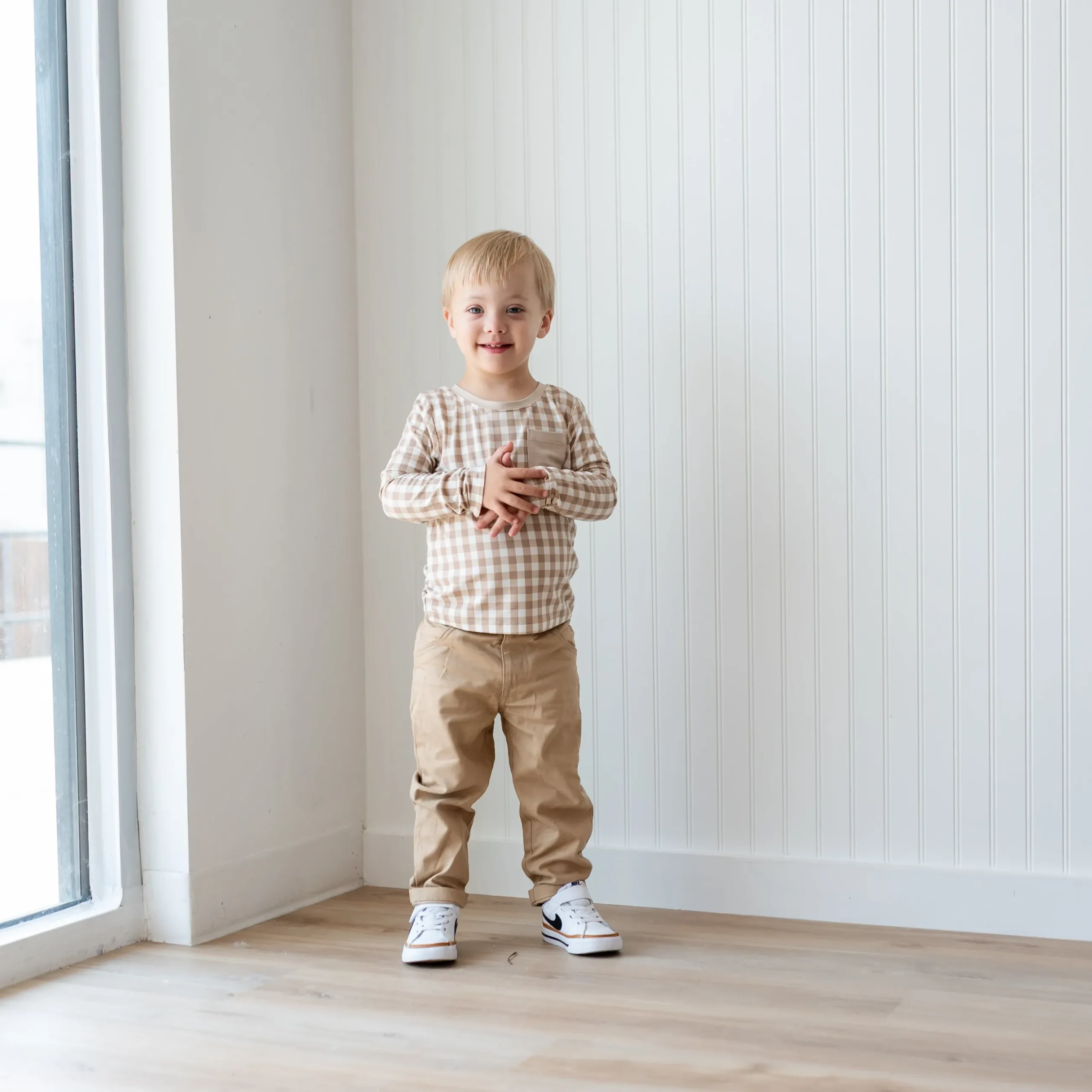 Best Kyte Baby Long Sleeve Toddler Crew Neck Tee in Gingham Bisque