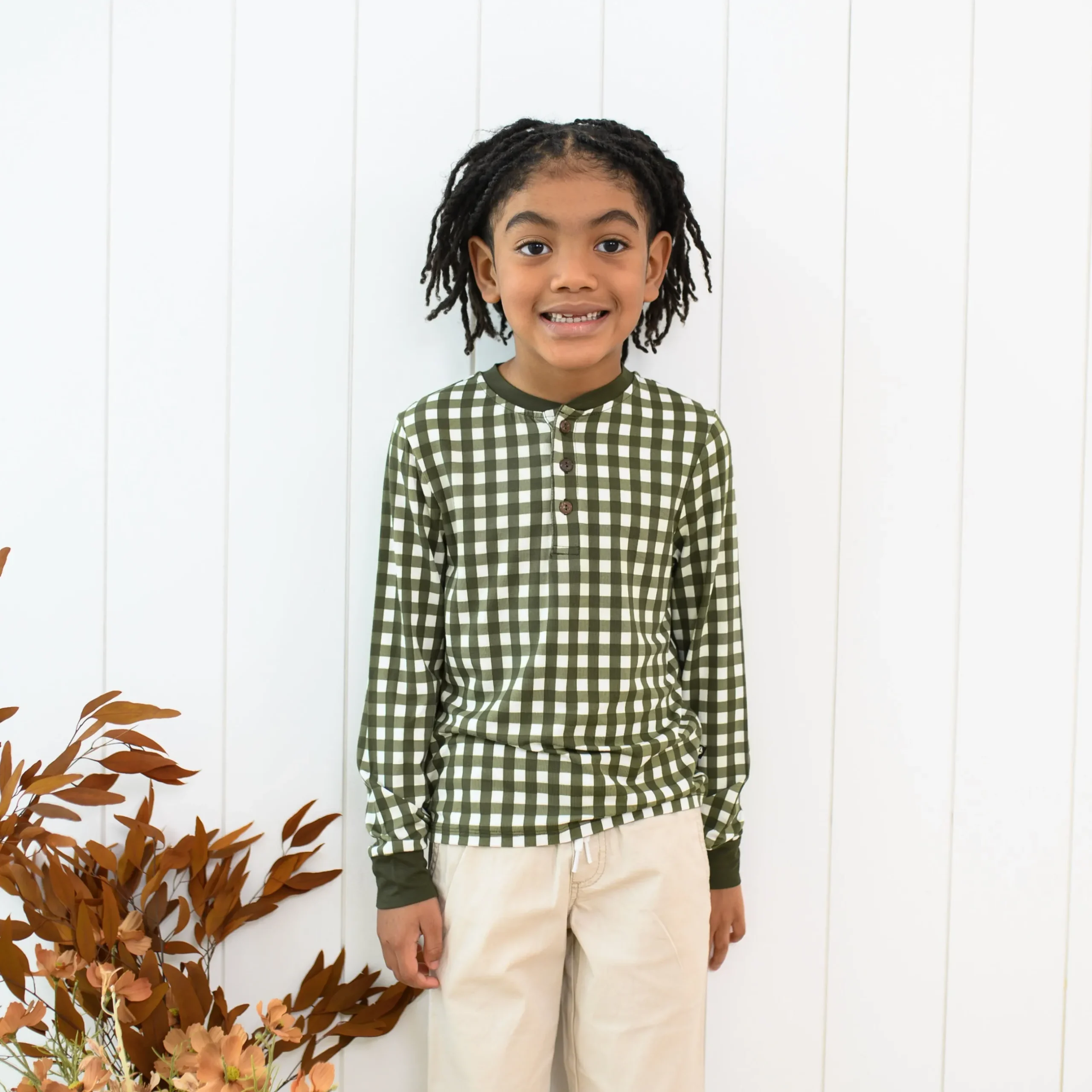 Online Kyte Baby Long Sleeve Toddler Henley Tee in Gingham Fir
