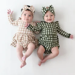 Clearance Kyte Baby Long Sleeve Twirl Bodysuit Dress in Gingham Bisque