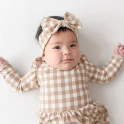 Clearance Kyte Baby Long Sleeve Twirl Bodysuit Dress in Gingham Bisque