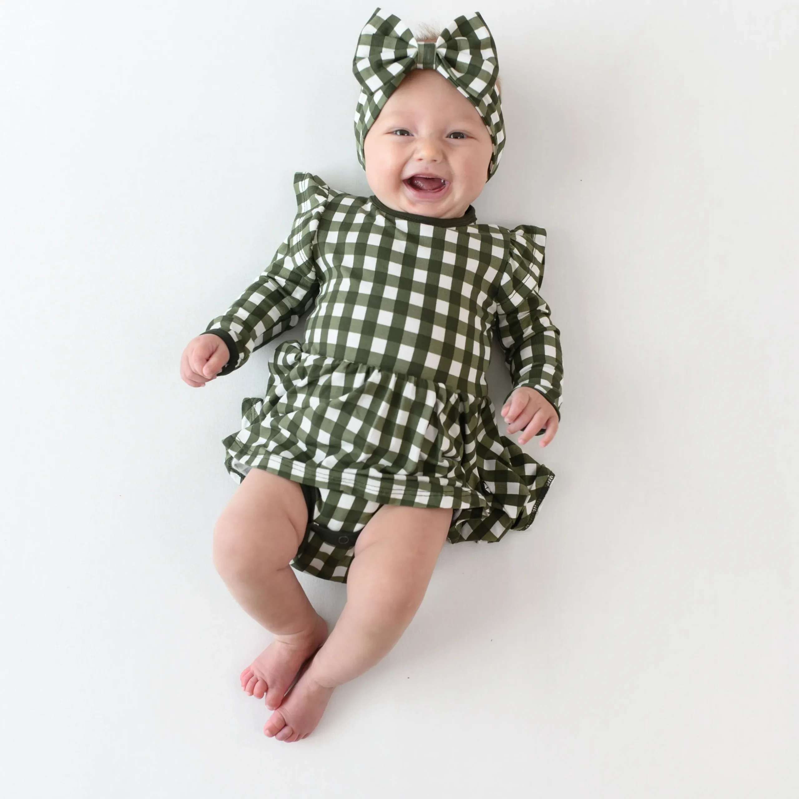 Online Kyte Baby Long Sleeve Twirl Bodysuit Dress in Gingham Fir
