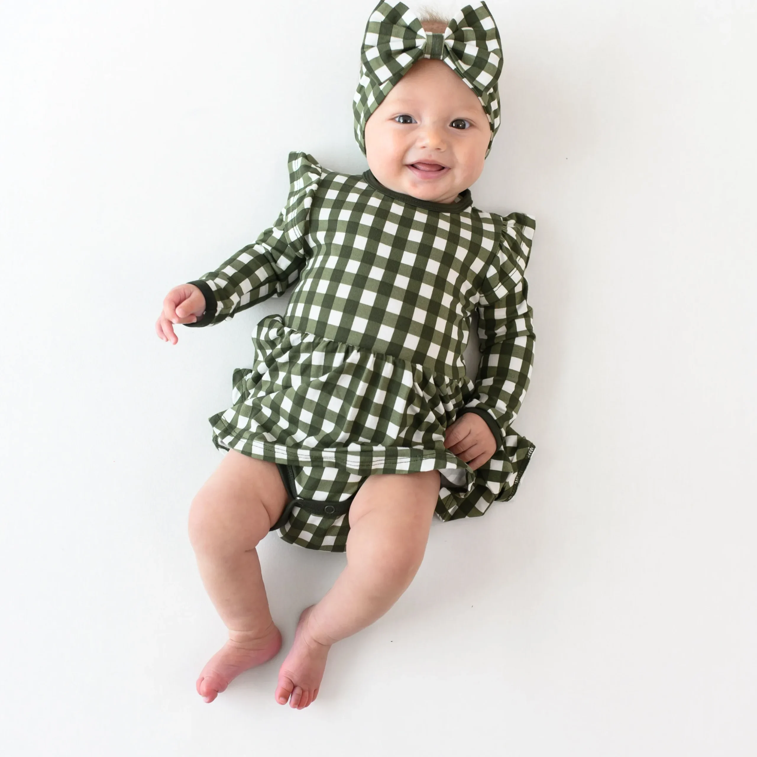 Online Kyte Baby Long Sleeve Twirl Bodysuit Dress in Gingham Fir