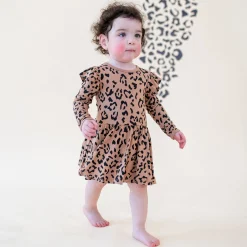 New Kyte Baby Long Sleeve Twirl Bodysuit Dress in Latte Leopard