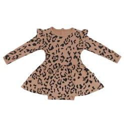 New Kyte Baby Long Sleeve Twirl Bodysuit Dress in Latte Leopard