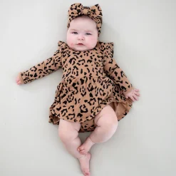 New Kyte Baby Long Sleeve Twirl Bodysuit Dress in Latte Leopard