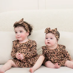 New Kyte Baby Long Sleeve Twirl Bodysuit Dress in Latte Leopard