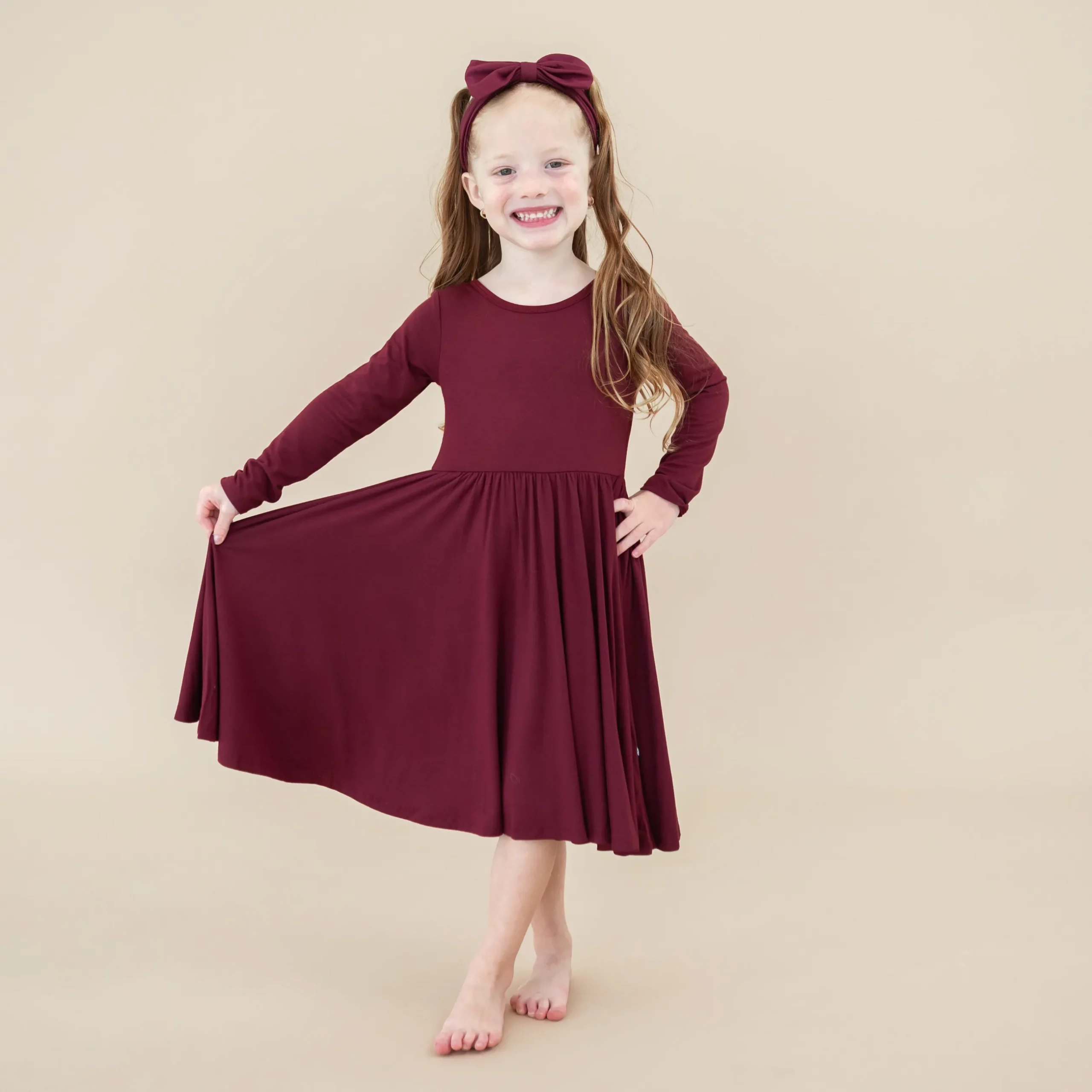 Hot Kyte Baby Long Sleeve Twirl Dress in Burgundy