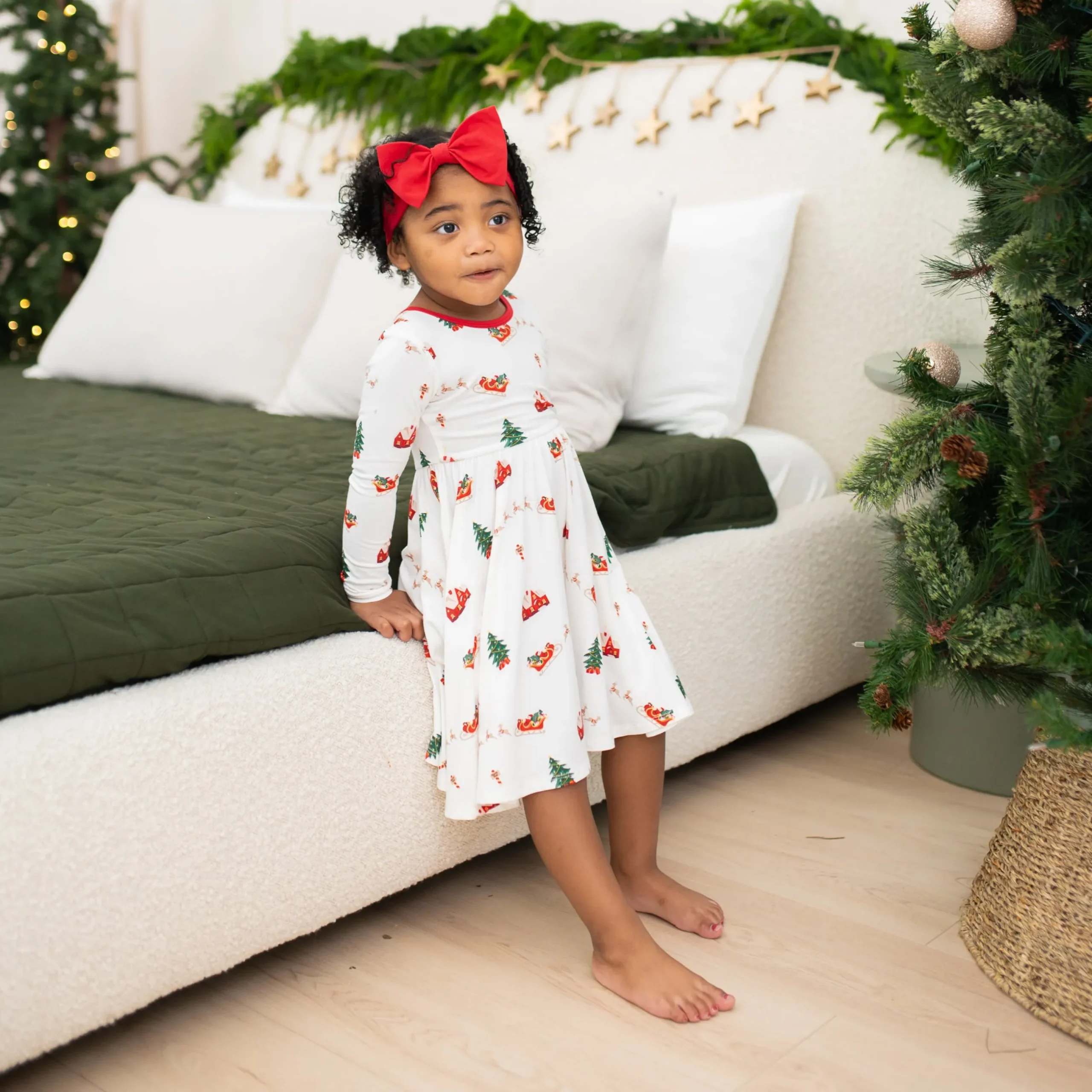 Kyte Baby Long Sleeve Twirl Dress in Santa Sleigh