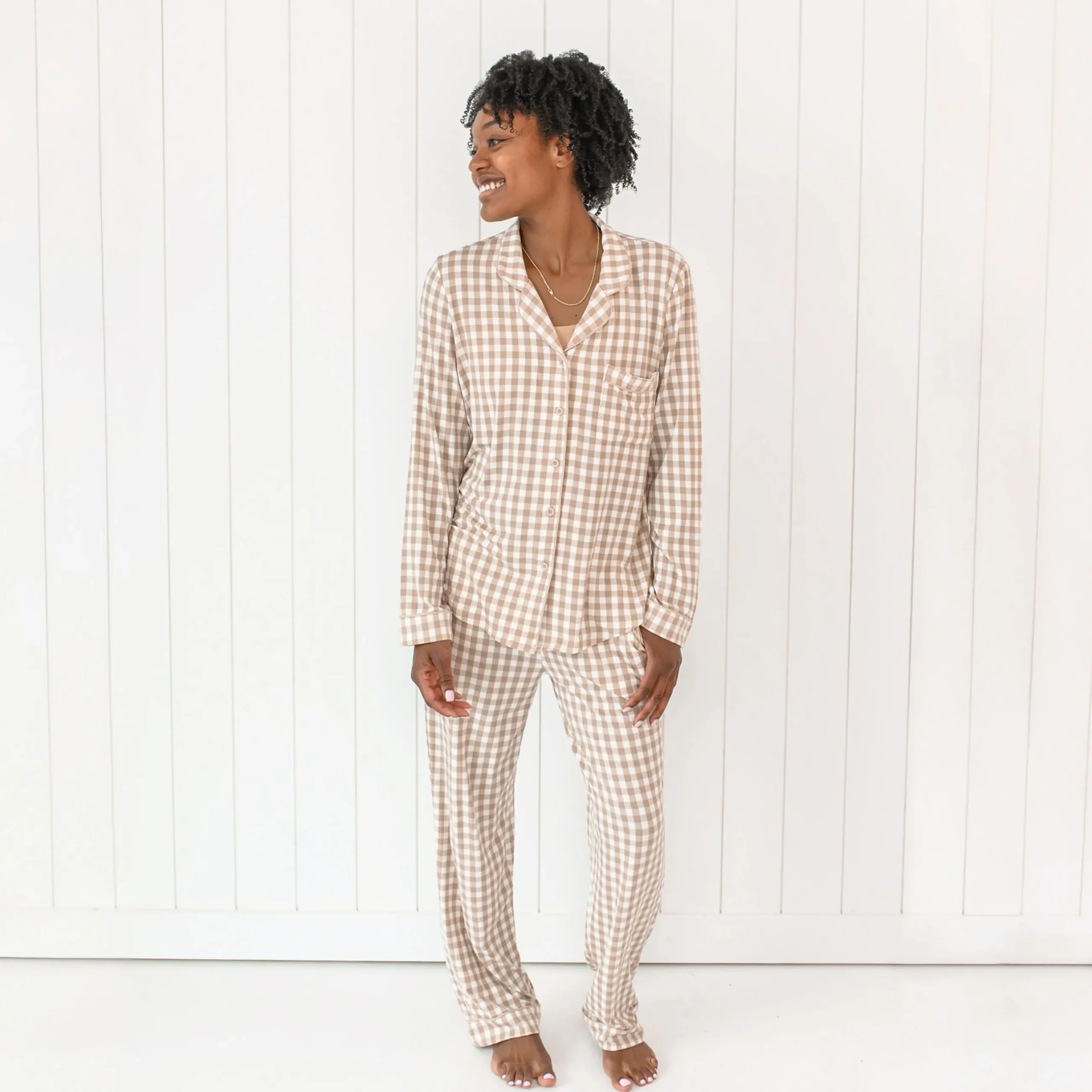 Kyte Baby Long-Sleeved Women's Pajama Set in Gingham Bisque