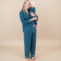 New Kyte Baby Long-Sleeved Women's Pajama Set in with Cloud Trim Atlantic