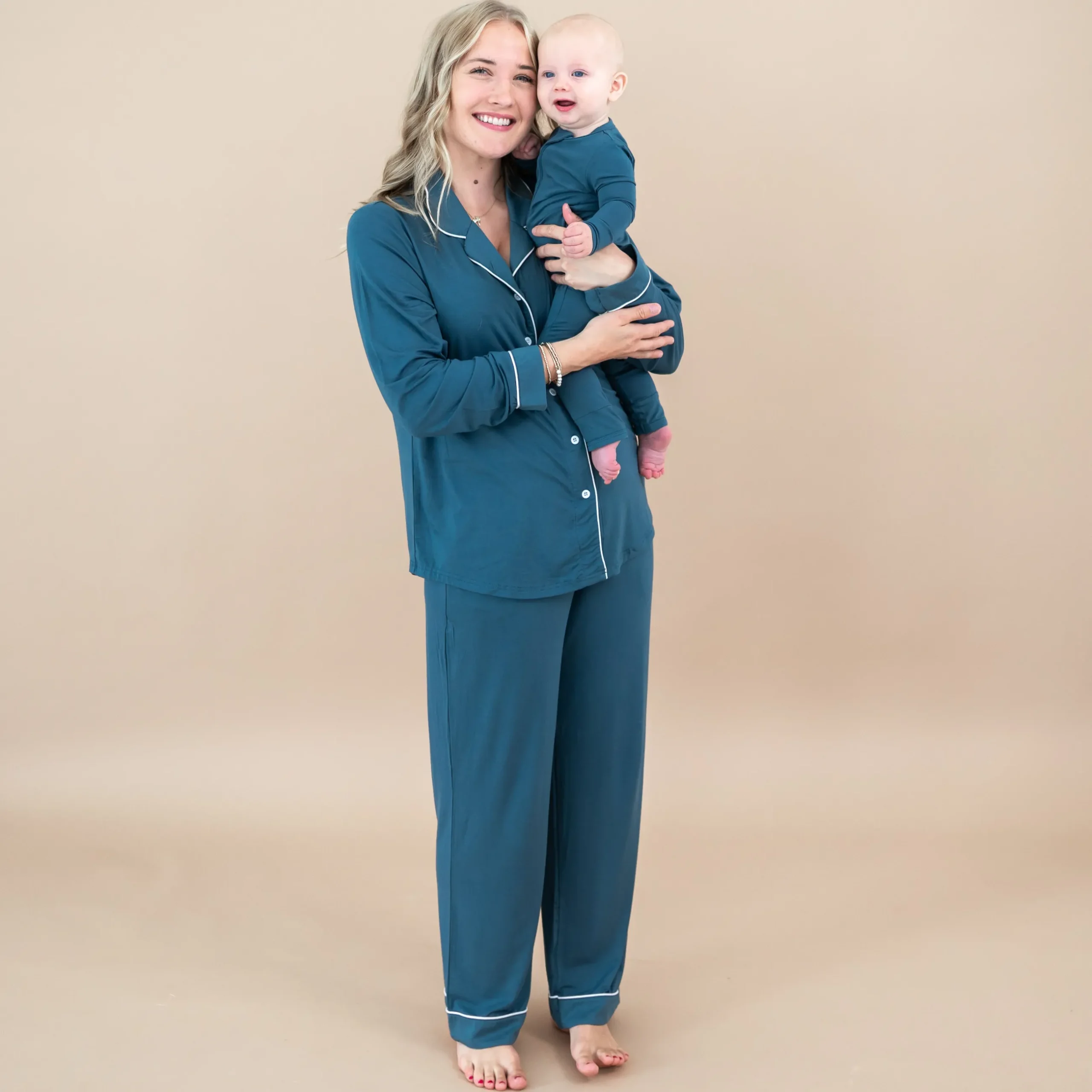 New Kyte Baby Long-Sleeved Women's Pajama Set in with Cloud Trim Atlantic