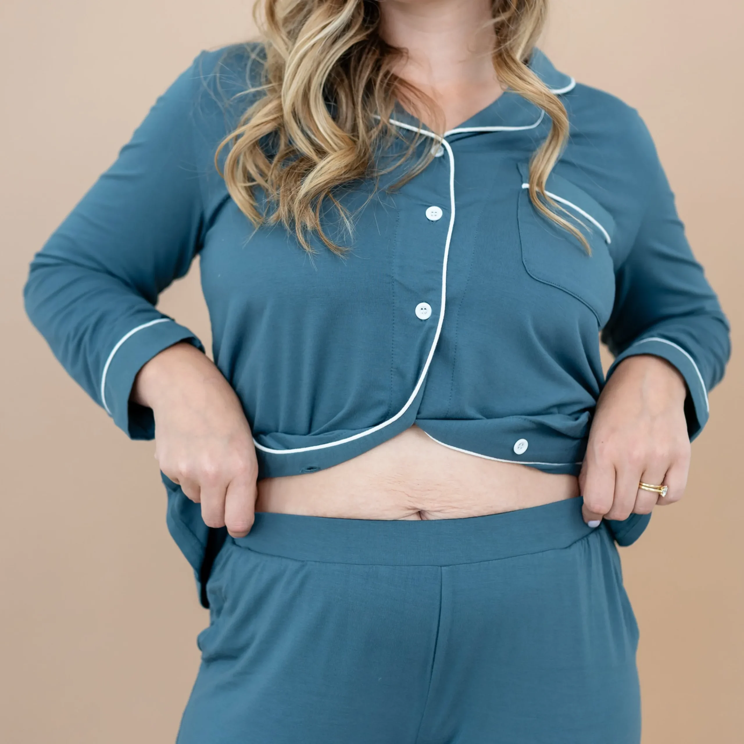 New Kyte Baby Long-Sleeved Women's Pajama Set in with Cloud Trim Atlantic