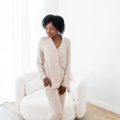 New Kyte Baby Long-Sleeved Women's Pajama Set in with Cloud Trim Bisque