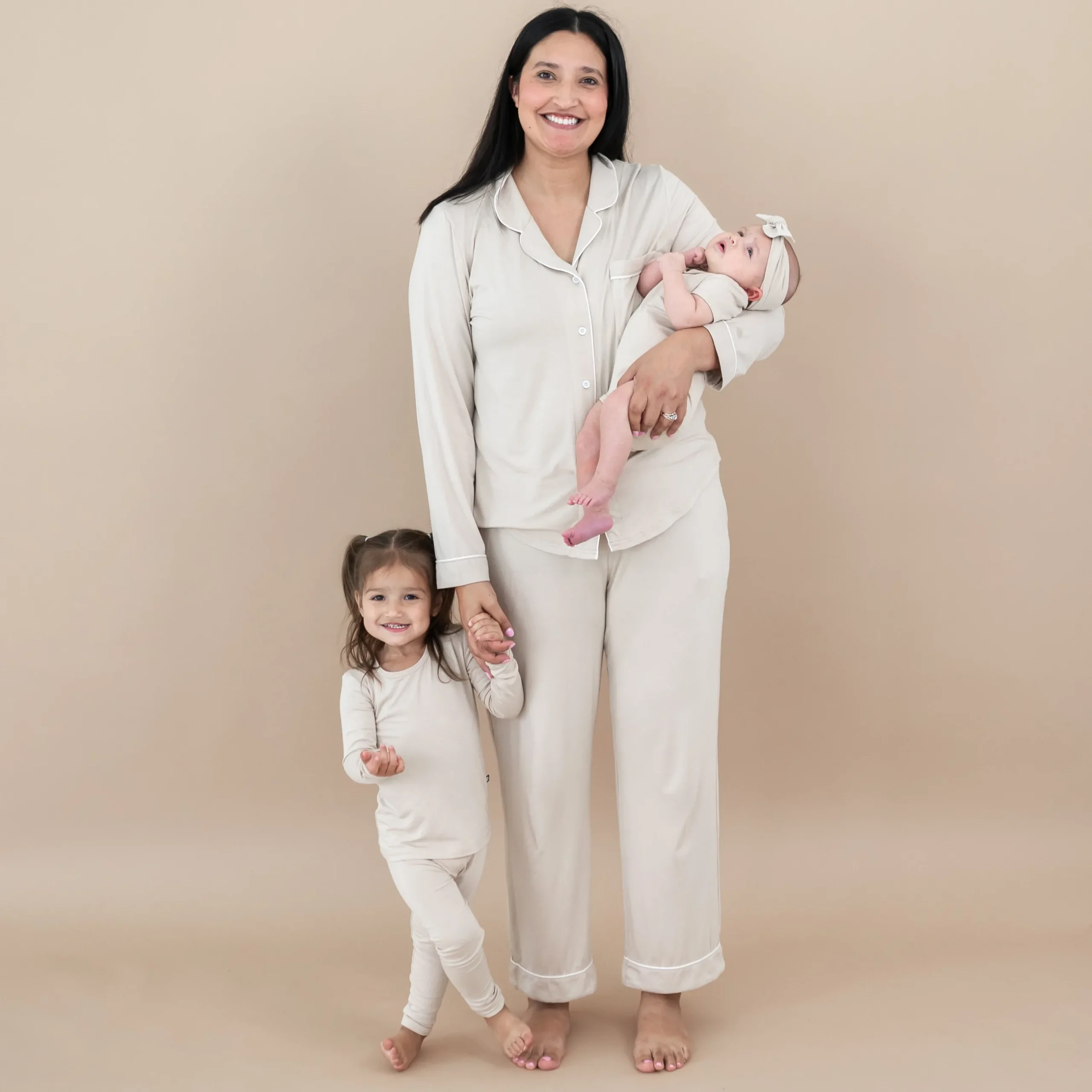 New Kyte Baby Long-Sleeved Women's Pajama Set in with Cloud Trim Bisque