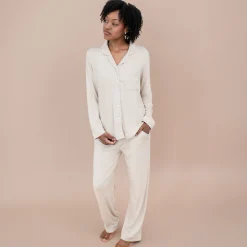 New Kyte Baby Long-Sleeved Women's Pajama Set in with Cloud Trim Bisque