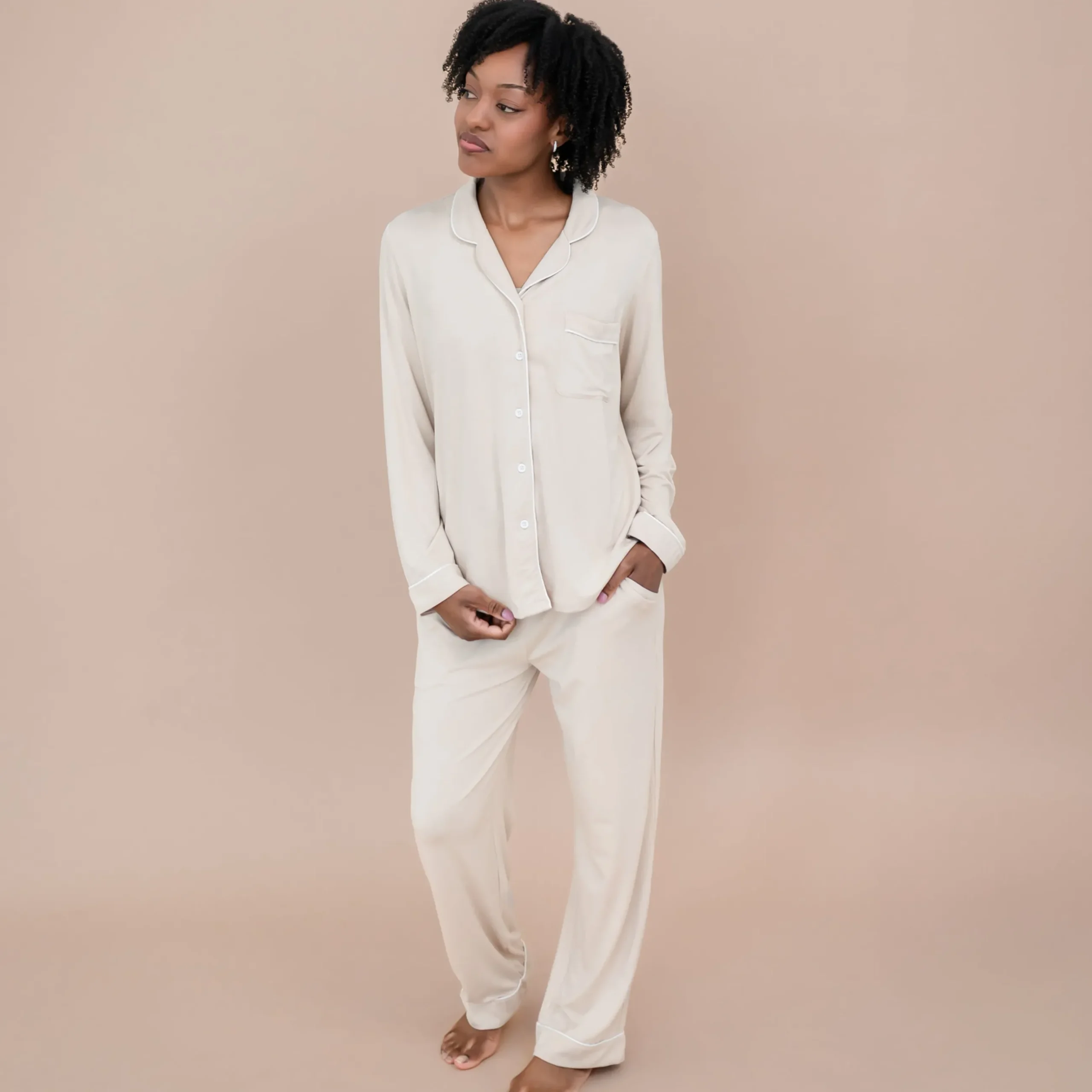 New Kyte Baby Long-Sleeved Women's Pajama Set in with Cloud Trim Bisque