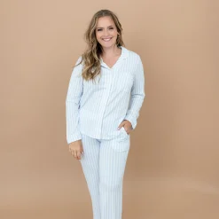 Online Kyte Baby Long-Sleeved Women's Pajama Set in with Cloud Trim Small Mist Stripe