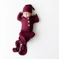Clearance Kyte Baby Ribbed Knotted Gown with Hat Set in Burgundy