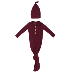 Clearance Kyte Baby Ribbed Knotted Gown with Hat Set in Burgundy