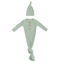 New Kyte Baby Ribbed Knotted Gown with Hat Set in Thyme