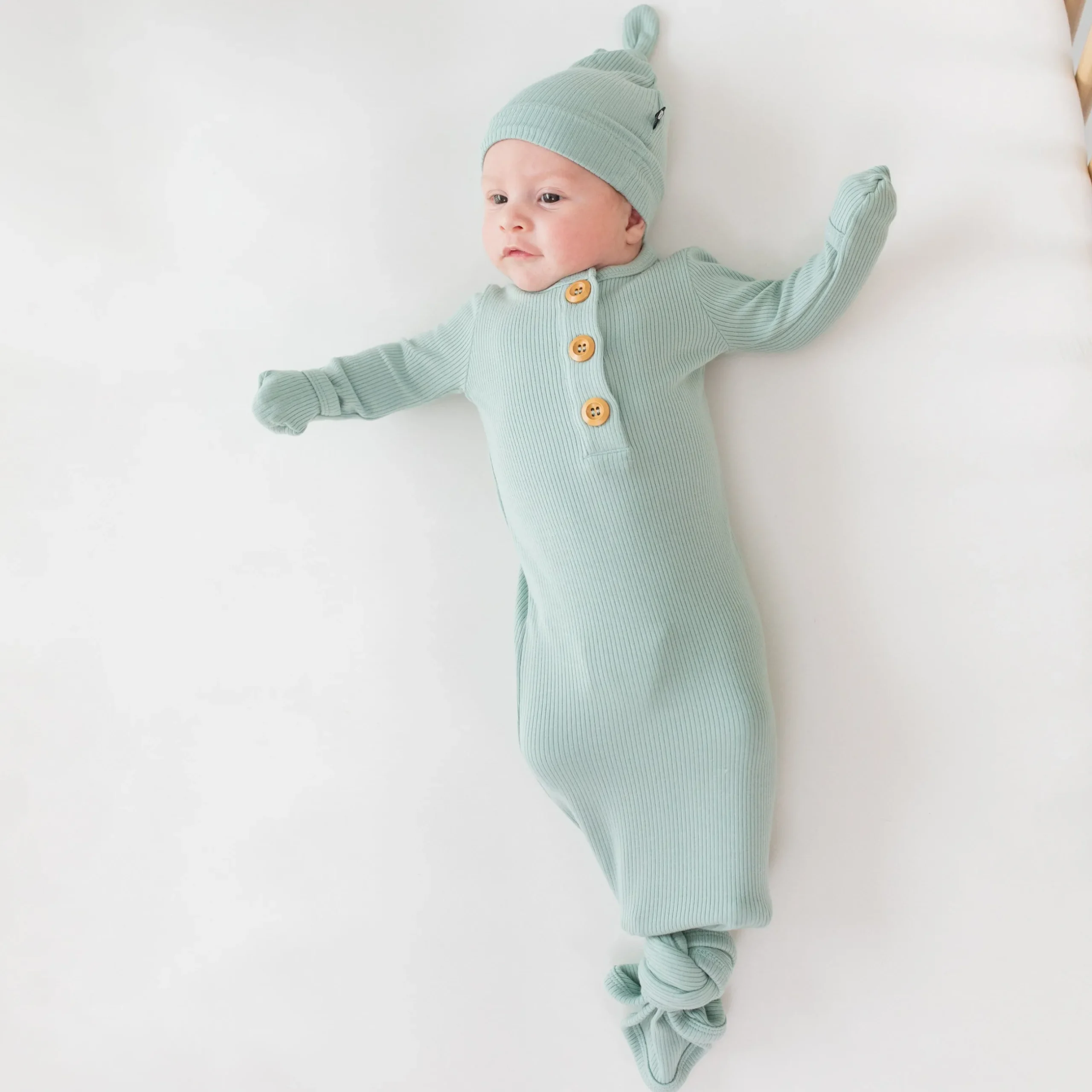 Kyte Baby Ribbed Knotted Gown with Hat Set in Sage