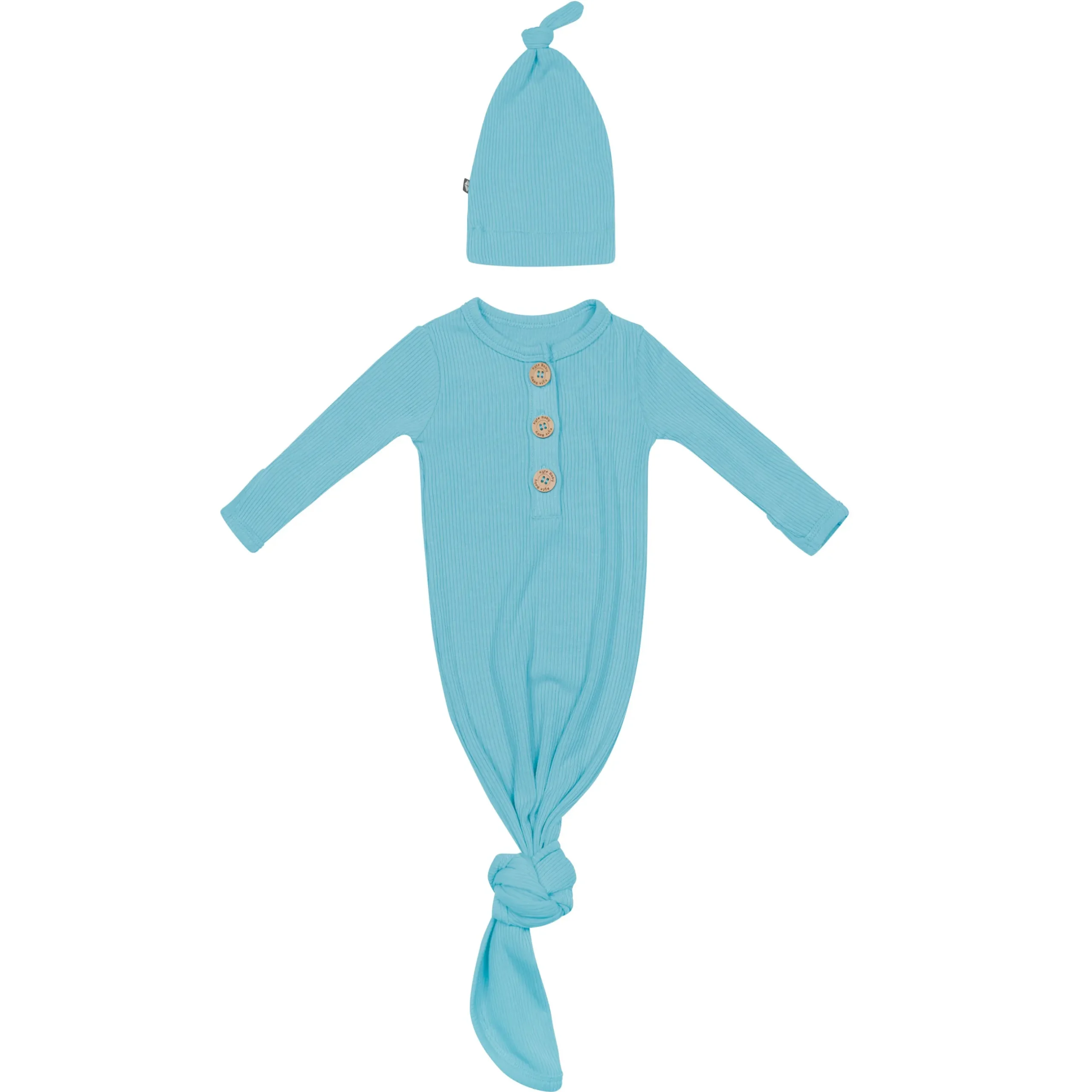 Hot Kyte Baby Ribbed Knotted Gown with Hat Set in Makai