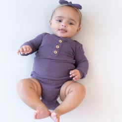New Kyte Baby Ribbed Long Sleeve Henley Bodysuit in Currant