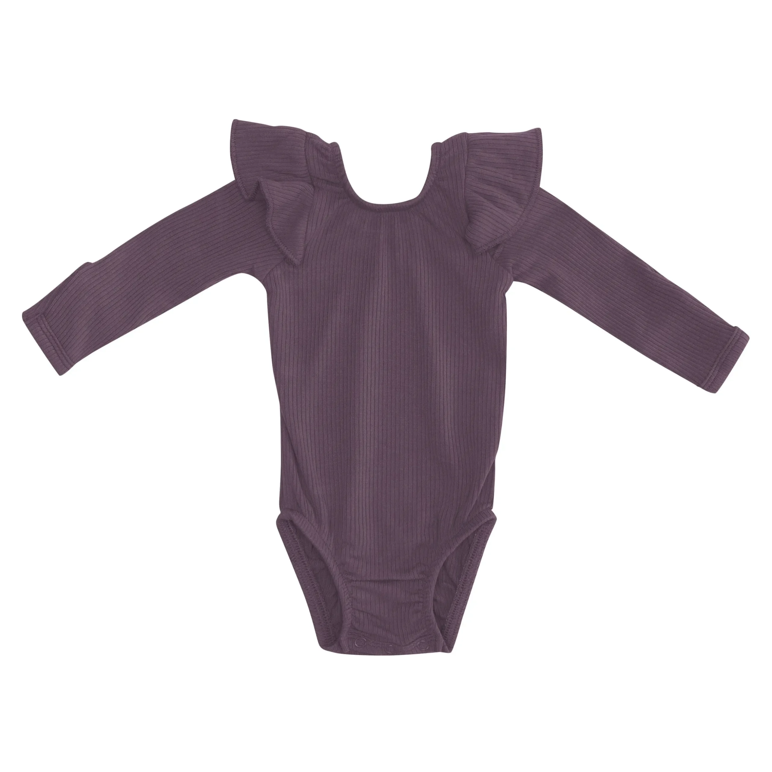 Hot Kyte Baby Ribbed Long Sleeve Ruffle Leotard in Currant