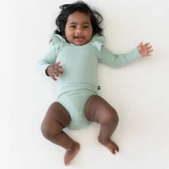 Outlet Kyte Baby Ribbed Long Sleeve Ruffle Leotard in Sage