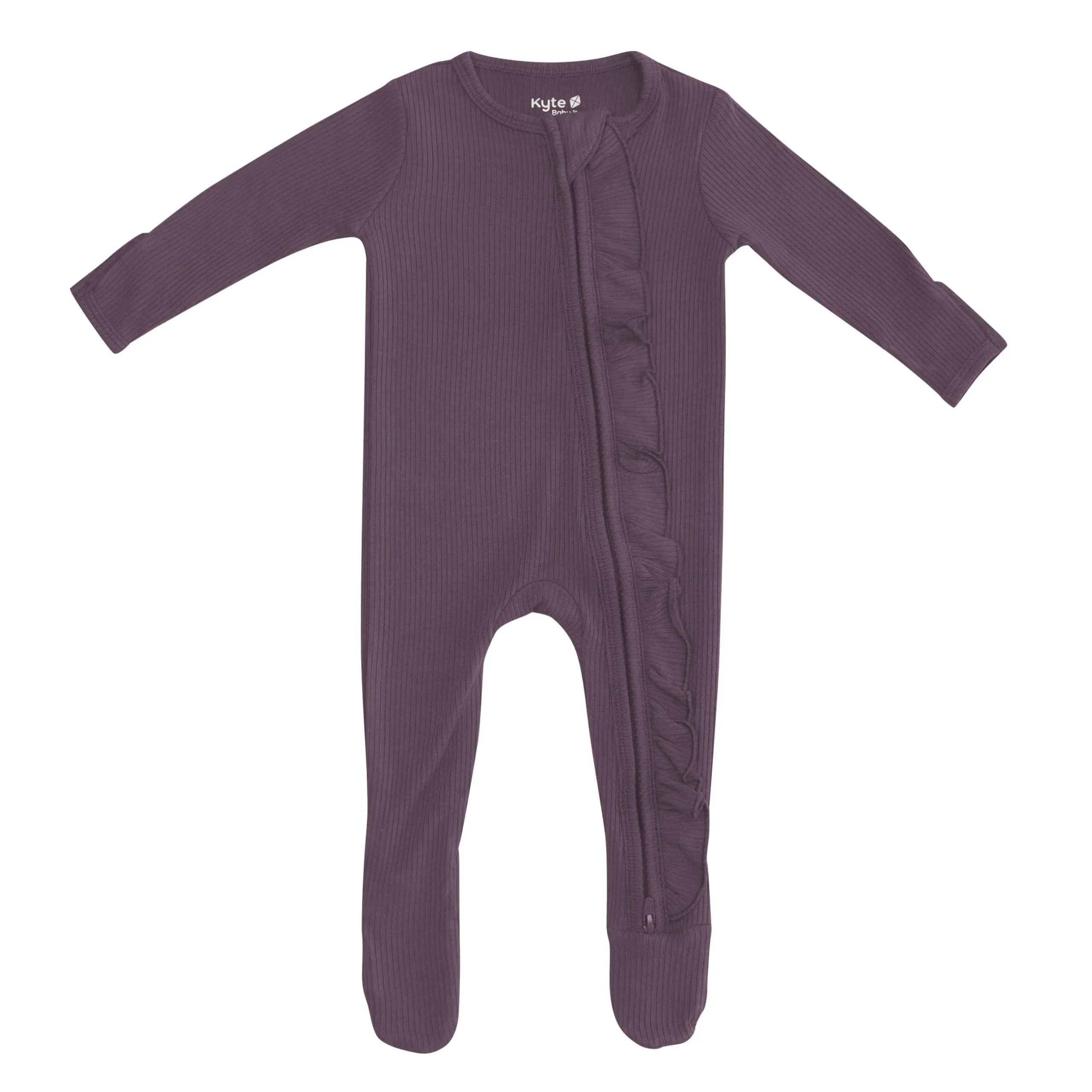 Kyte Baby Ribbed Ruffle Zipper Footie in Currant