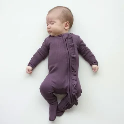 Kyte Baby Ribbed Ruffle Zipper Footie in Currant