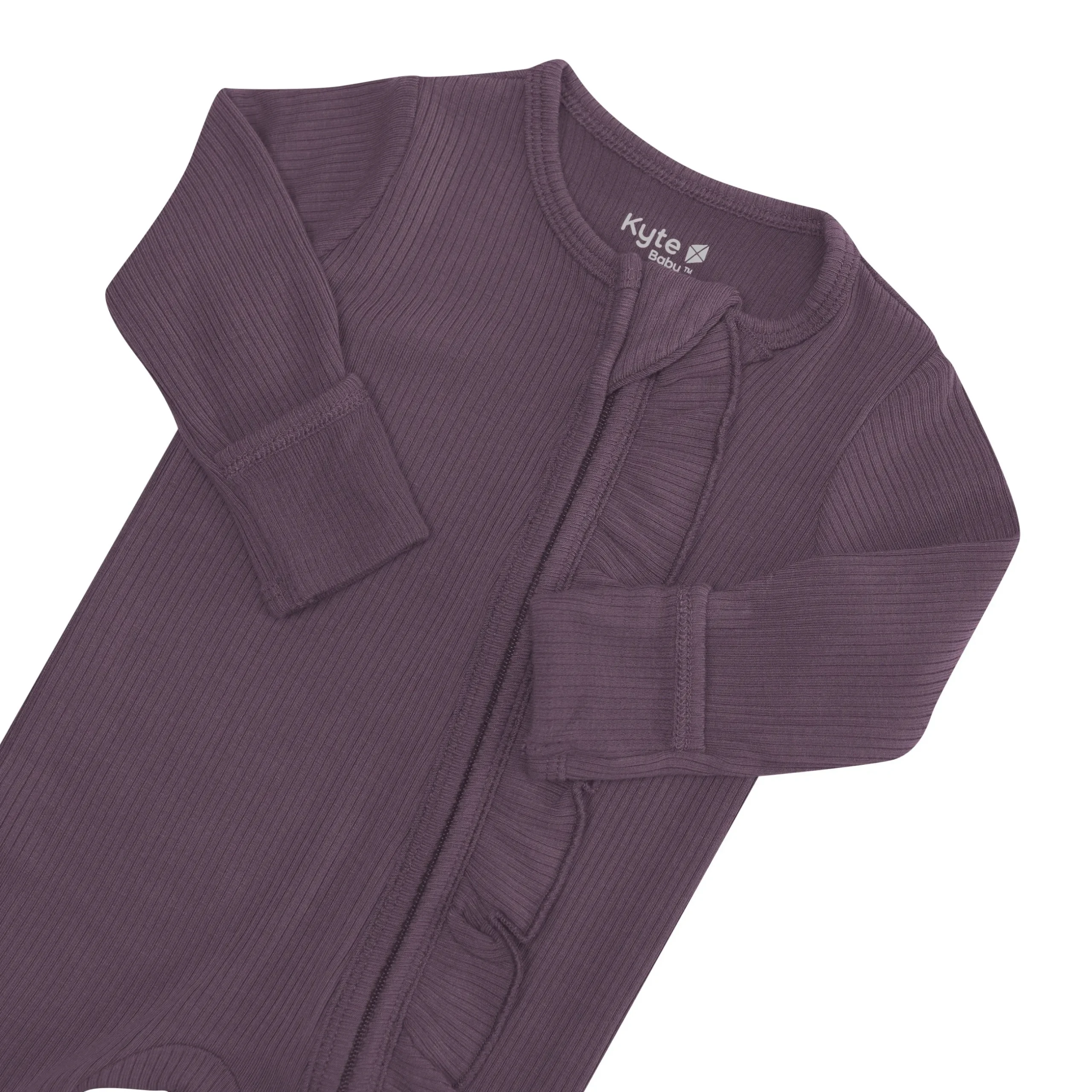 Kyte Baby Ribbed Ruffle Zipper Footie in Currant