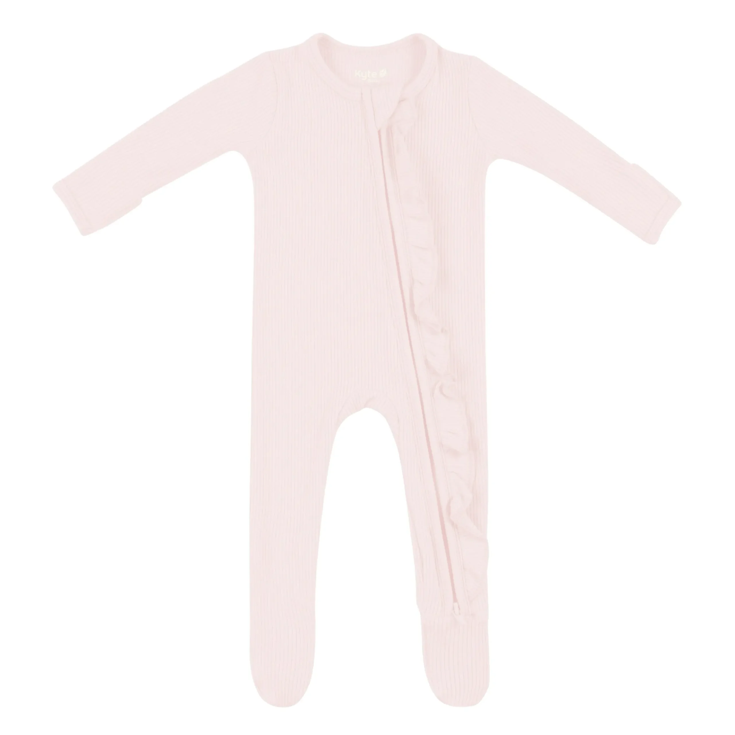 New Kyte Baby Ribbed Ruffle Zipper Footie in Blush