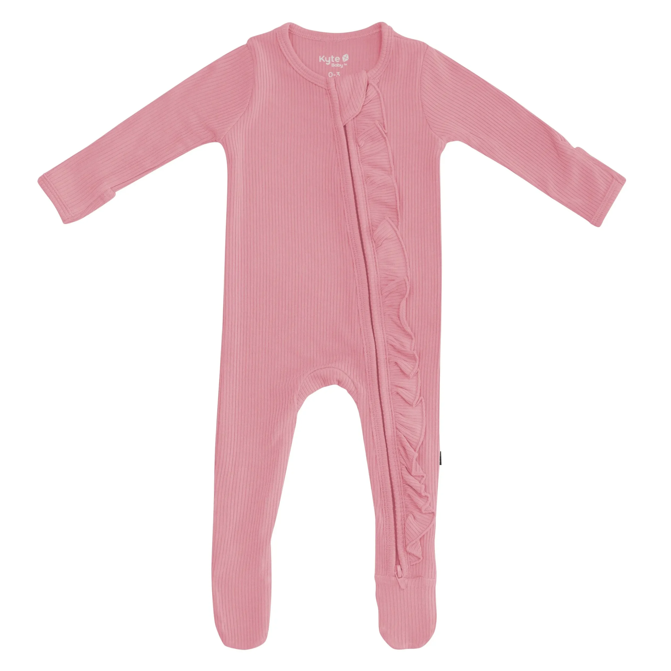 New Kyte Baby Ribbed Ruffle Zipper Footie in Apple Blossom