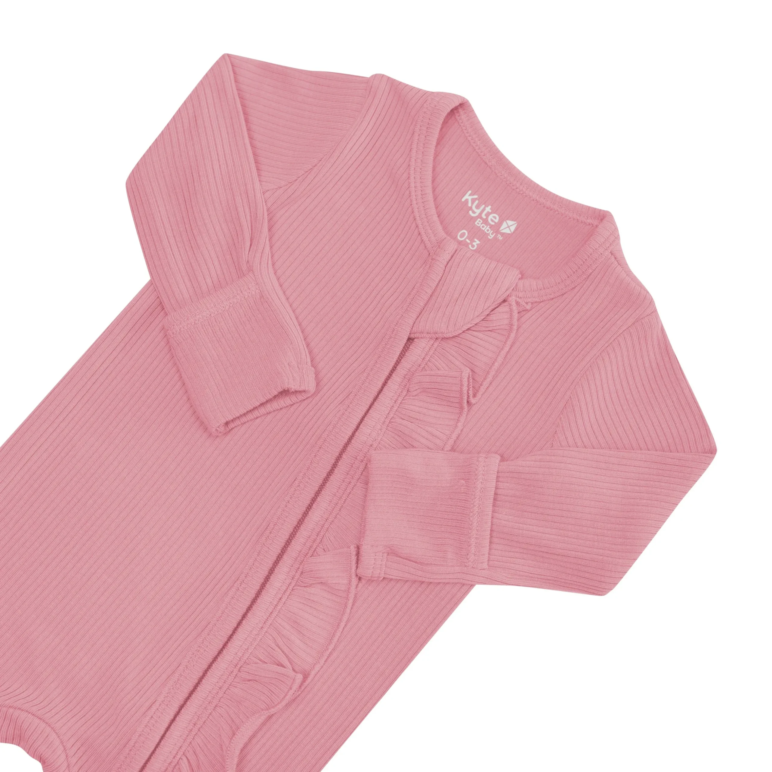New Kyte Baby Ribbed Ruffle Zipper Footie in Apple Blossom