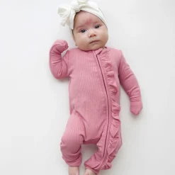 Kyte Baby Ribbed Ruffle Zipper Romper in Apple Blossom