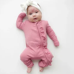 Kyte Baby Ribbed Ruffle Zipper Romper in Apple Blossom