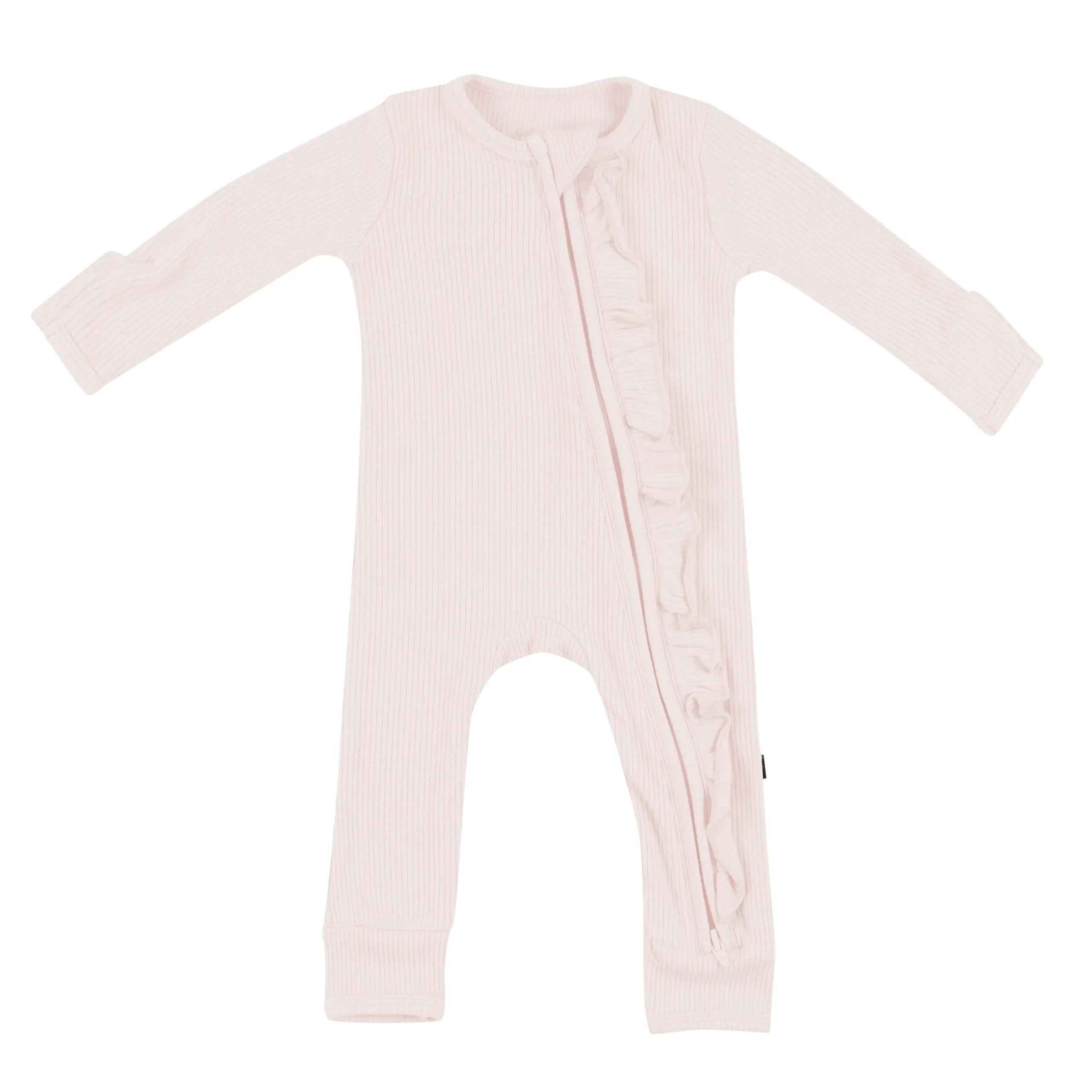 Clearance Kyte Baby Ribbed Ruffle Zipper Romper in Blush