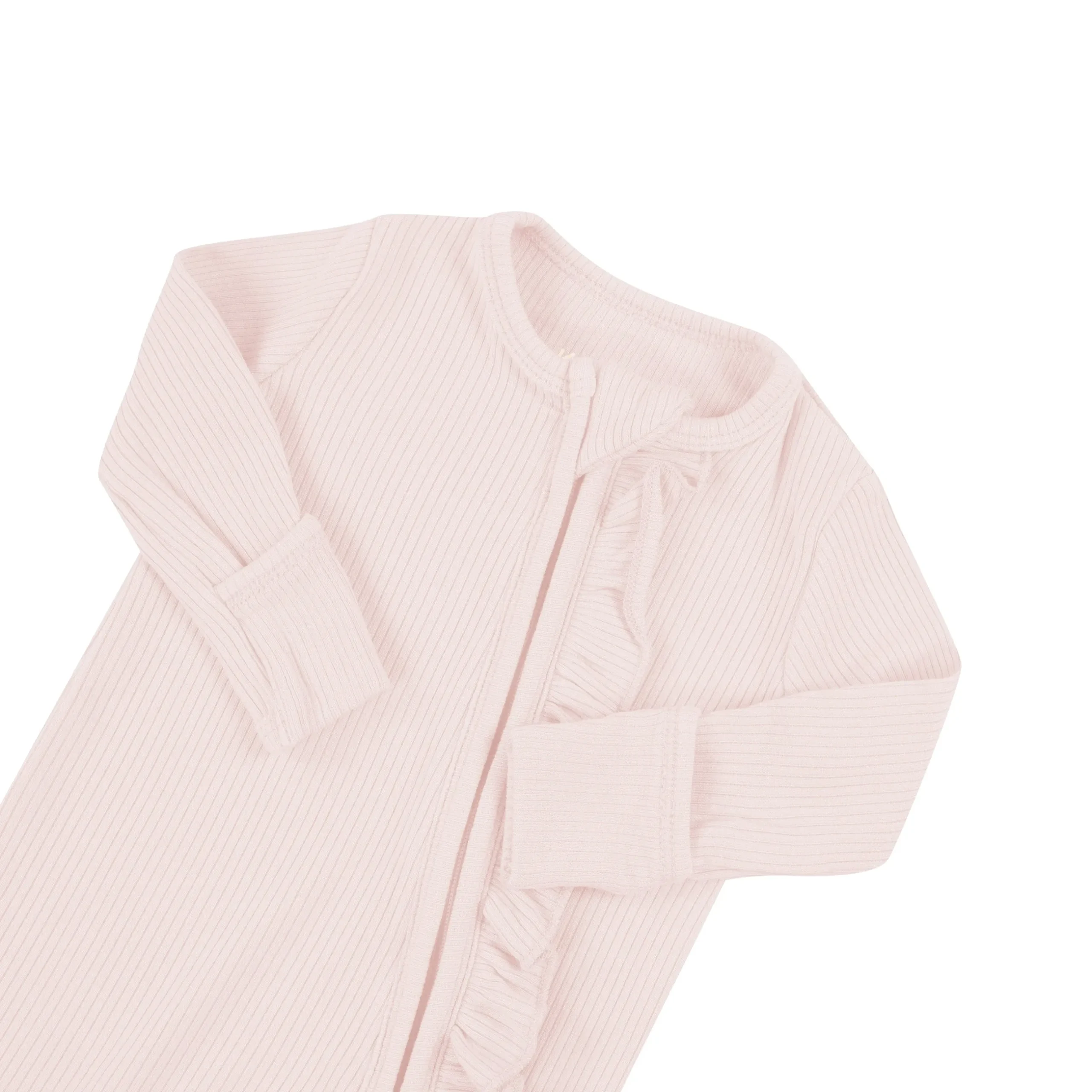 Clearance Kyte Baby Ribbed Ruffle Zipper Romper in Blush