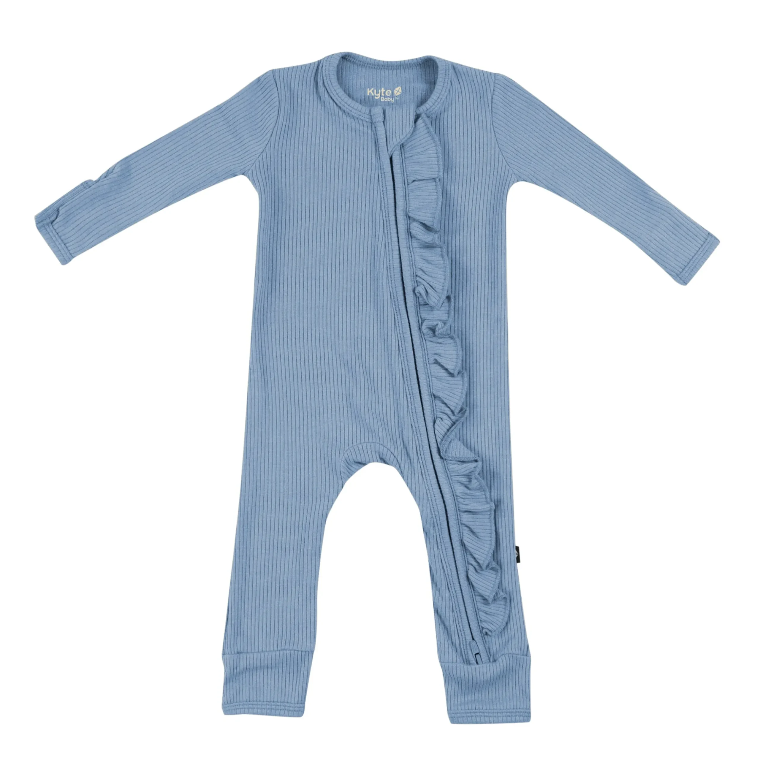 Clearance Kyte Baby Ribbed Ruffle Zipper Romper in Slate