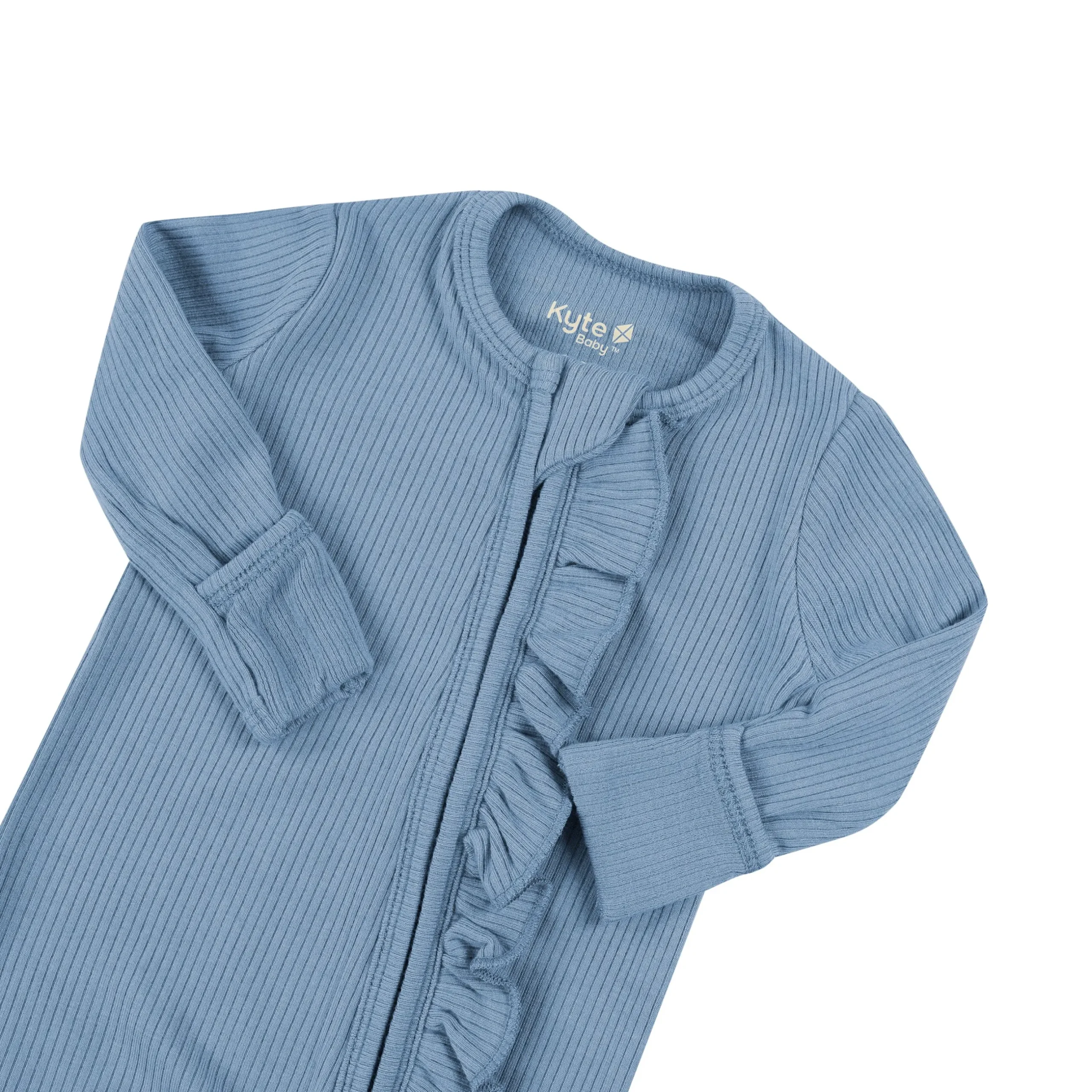 Clearance Kyte Baby Ribbed Ruffle Zipper Romper in Slate