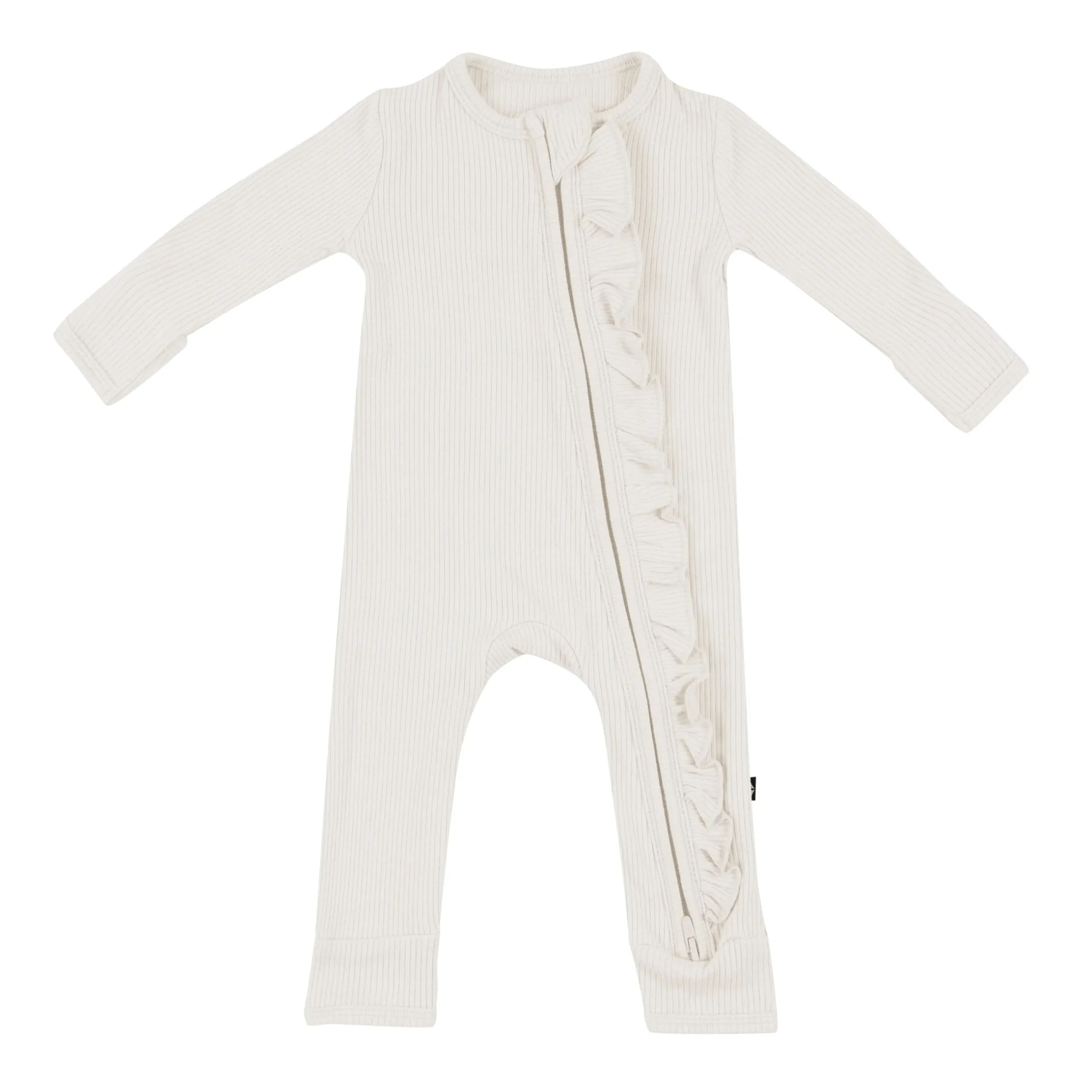 Clearance Kyte Baby Ribbed Ruffle Zipper Romper in Oat