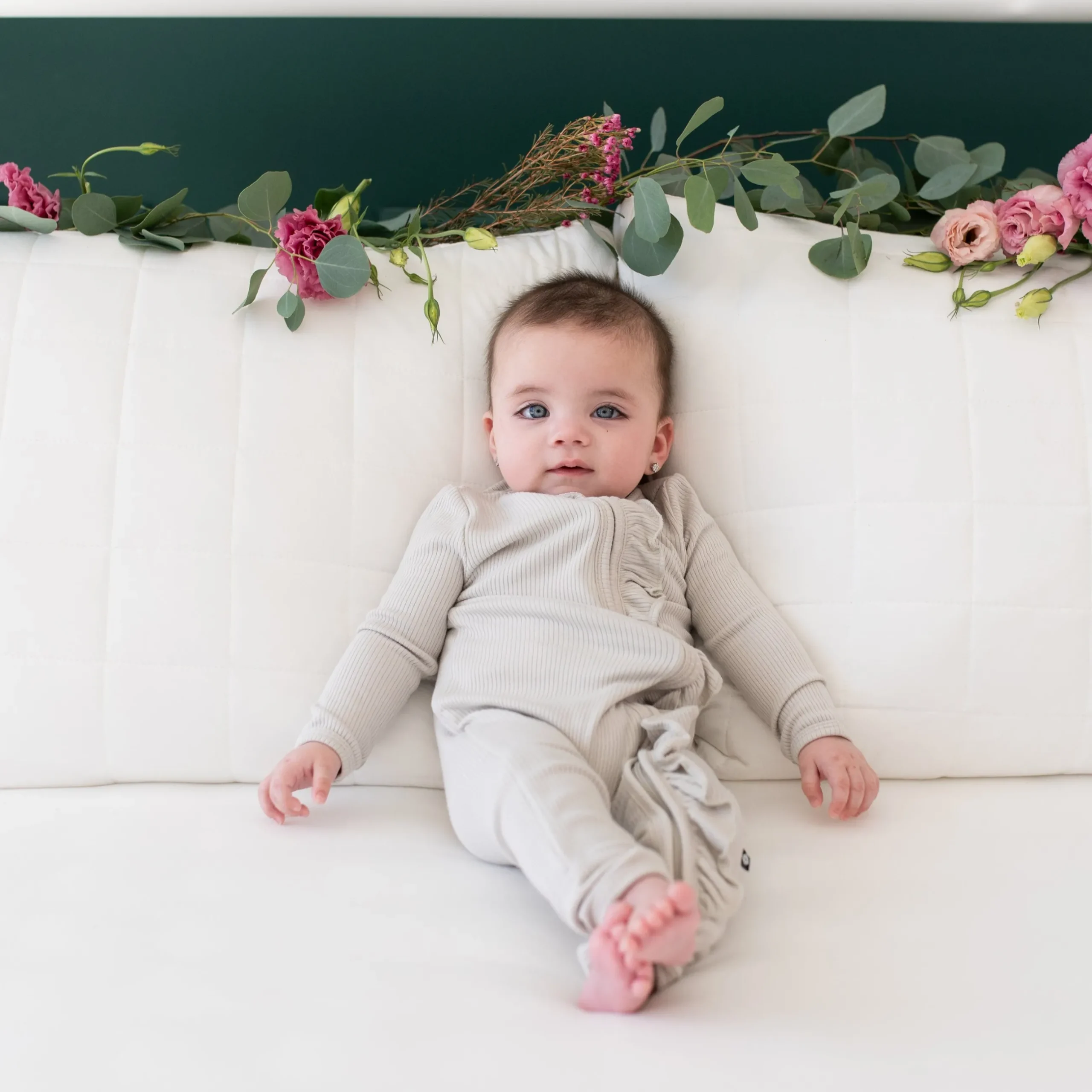 Clearance Kyte Baby Ribbed Ruffle Zipper Romper in Oat