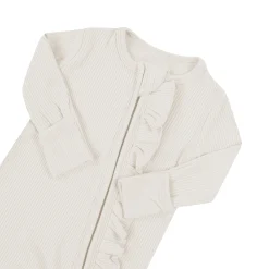 Clearance Kyte Baby Ribbed Ruffle Zipper Romper in Oat
