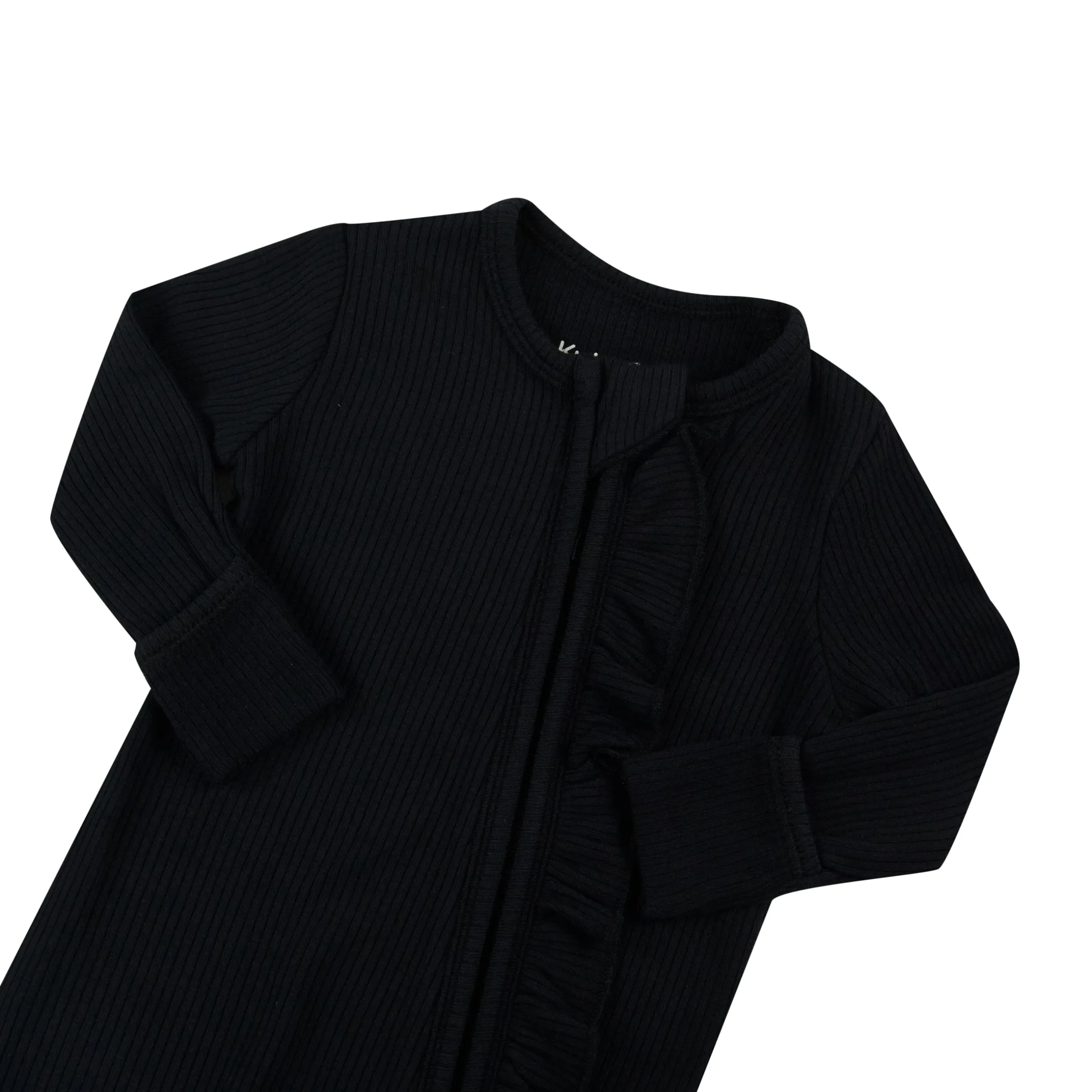 Kyte Baby Ribbed Ruffle Zipper Romper in Midnight